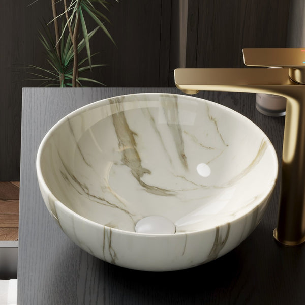 English Elm 14'' Round Ceramic Vessel Sink Matte White Stone Veined Vitreous Bowl Vanity Top W2615P375261