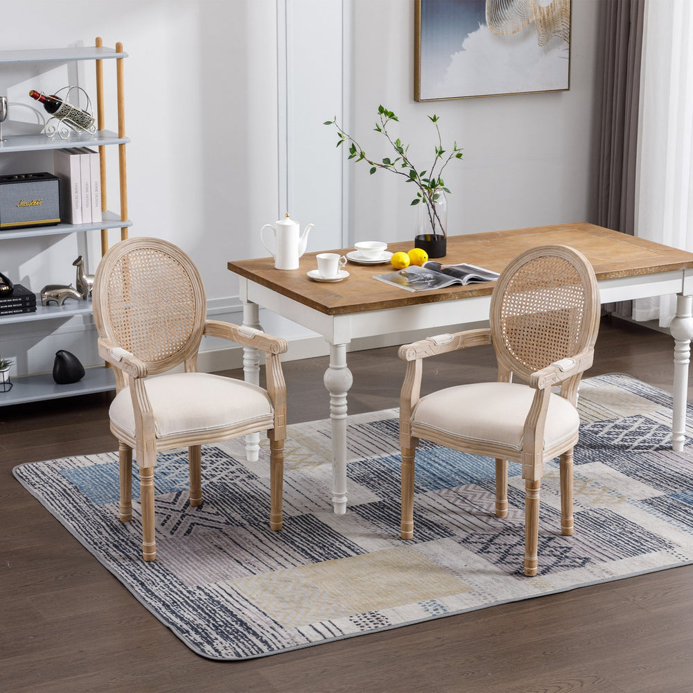 English Elm French Vintage Upholstered Dining Armchair Set of 2 with Rattan Mesh Back, Beige Fabric, Rubberwood Frame W1622113267