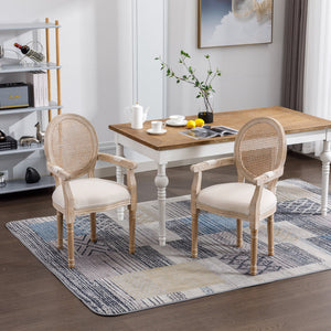 English Elm French Vintage Upholstered Dining Armchair Set of 2 with Rattan Mesh Back, Beige Fabric, Rubberwood Frame W1622113267