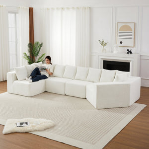 English Elm [video]151.6-inch Modular Chenille Sectional with Deep Seats and Chaise for Open Living Spaces Beige W3505S00058