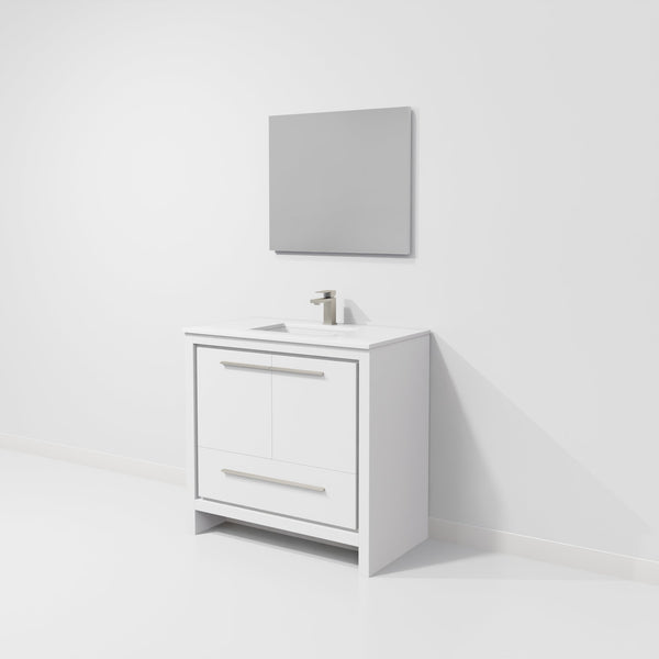 English Elm White Single Bath Vanity 36" W x 20" D with White Quartz Top, Gun Metal Faucet & 28" Mirror, Durable B2731S02077