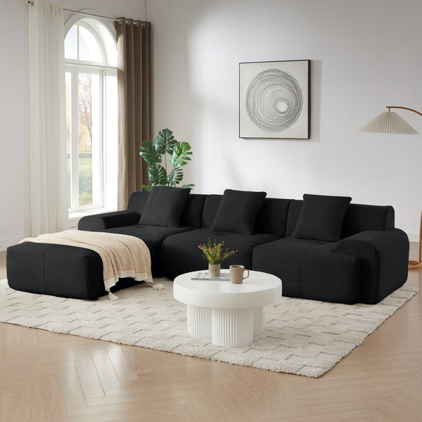 English Elm 113" Modular L-Shaped Sectional Sofa with Corduroy Upholstery, Deep Seats, Wide Arms, Ottoman Included Black W1359S00023