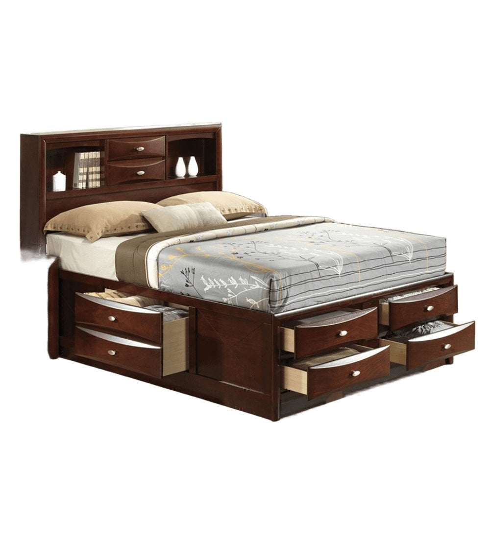 English Elm Contemporary King Size Bed With Footboard Drawers & Headboard Bookcase - Cherry Finish Elegance B2741S00561