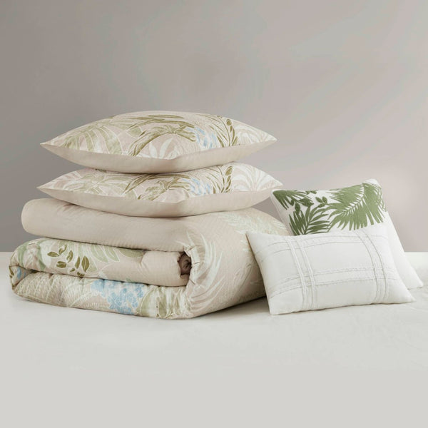 English Elm 5-piece Cotton Dobby Botanical Duvet Set with Embroidered Coastal Throw Pillows B035P463275
