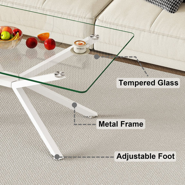 English Elm 39.37" Rectangle Clear Glass Coffee Table With White Metal Legs - Modern Design For Stylish Living Rooms W241P227980