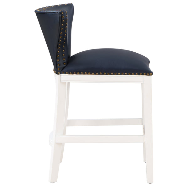 English Elm Macon Midnight Blue Faux Leather Counter Stool with Tufted Back, Antique Brass Nailhead Trim, White Wood Base B050P364431