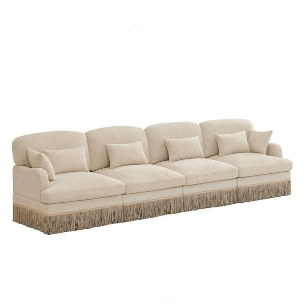 English Elm 131" Chenille Leopard Sectional Sofa Modular 4 Seat Deep Cushion Tassel Trim Beige W5656S00007