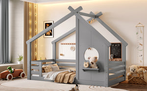 English Elm Twin House Floor Bed with Window & Shelf, Solid Wood Pitched Roof Design for Safe Cozy Sleep Grey W1580P362683