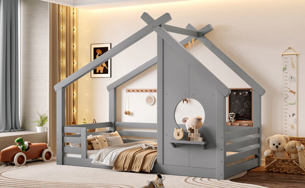 English Elm Twin House Floor Bed with Window & Shelf, Solid Wood Pitched Roof Design for Safe Cozy Sleep Grey W1580P362683