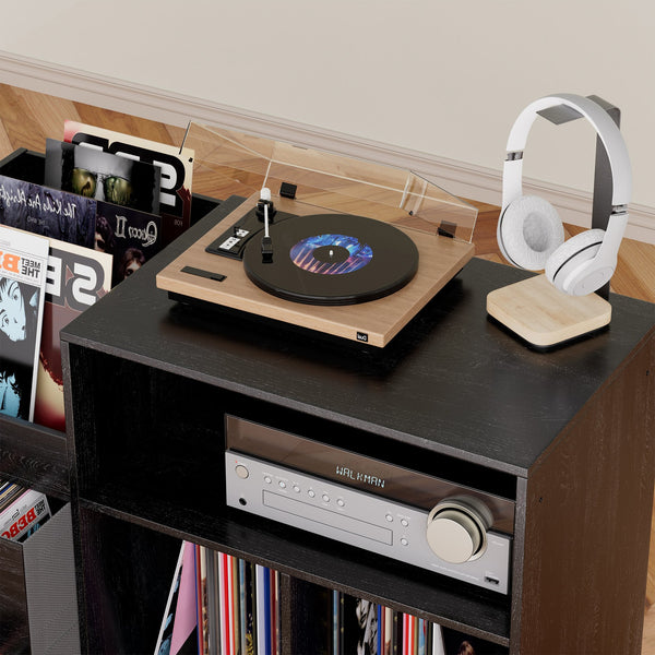 English Elm Record Player Stand with Flip-Down Lid, Built-In Power & USB, Dust-Protecting Turntable Console for 300+ Vinyls Black W2735P332345
