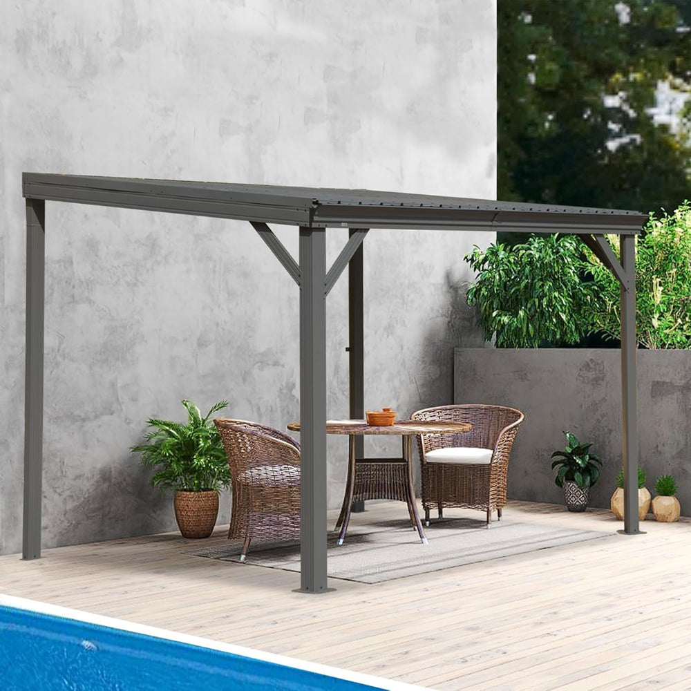 English Elm 8' Lean to Gazebo 8'x10' Gray with Hidden Gutter, Galvanized Steel Roof, Wind Resistant Patio Shelter W1859S00122