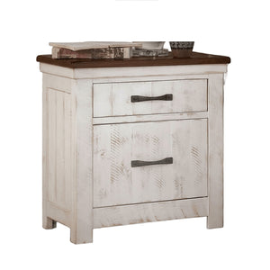 English Elm Plank Distressed White Transitional Nightstand 2-Drawer Solid Wood Bedside Table with Brass Arch Pulls and Felt-Lined French Dovetail Drawers B011P378480