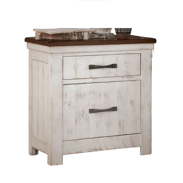 English Elm Plank Distressed White Transitional Nightstand 2-Drawer Solid Wood Bedside Table with Brass Arch Pulls and Felt-Lined French Dovetail Drawers B011P378480