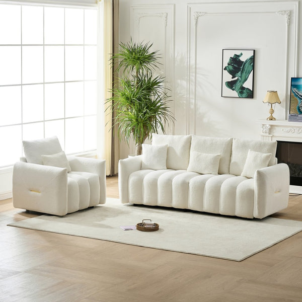 English Elm 80.7 Inch Plush Teddy Velvet 3 Seat Sofa Solid Wood Frame with Six Included Cushions Off White W2564S00068