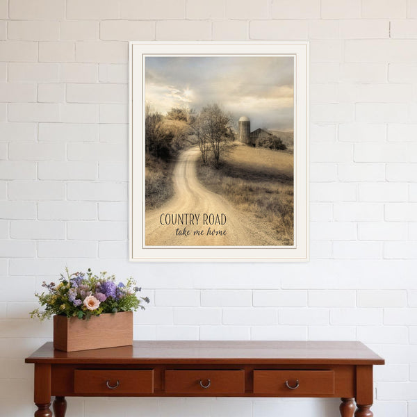 Homeroots Country Road Take Me 1 White Framed Print Wall Art White Paper,Wood 405059