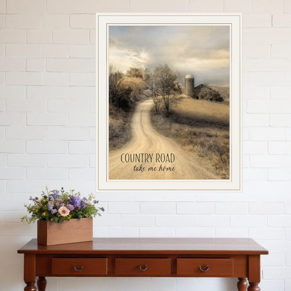 Homeroots Country Road Take Me Home 1 White Framed Print Wall Art  Wood Paper 405061