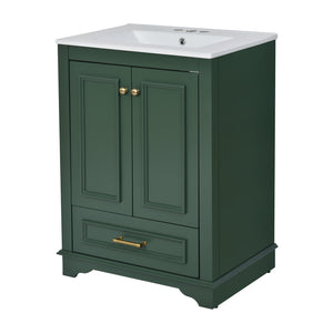 English Elm 24'' Bathroom Vanity with Ceramic Sink Combo Modern Freestanding MDF Cabinet with Soft-Close Doors and Sleek Silver Handles for Spacious Organized Bathroom Storage Green N710P194893F