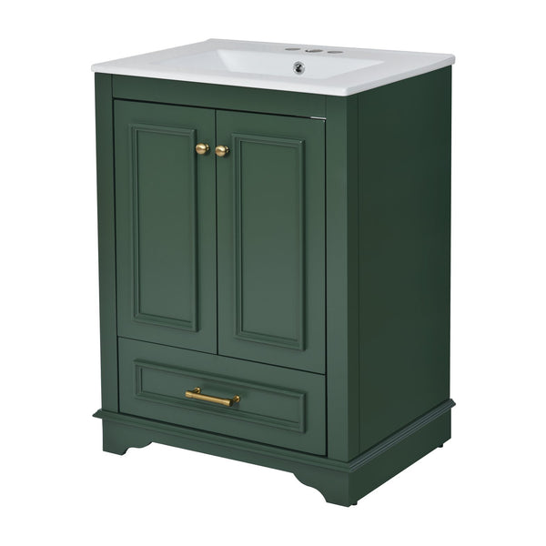English Elm 24'' Bathroom Vanity with Ceramic Sink Combo Modern Freestanding MDF Cabinet with Soft-Close Doors and Sleek Silver Handles for Spacious Organized Bathroom Storage Green N710P194893F