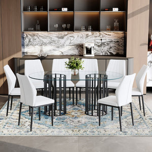 English Elm Table Set Oval Tempered Glass 71 Inch Top with Eight Faux Suede Chairs Modern Dining Black,Transparent,White W1151S04758
