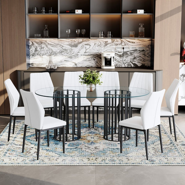 English Elm Table Set Oval Tempered Glass 71 Inch Top with Eight Faux Suede Chairs Modern Dining Black,Transparent,White W1151S04758