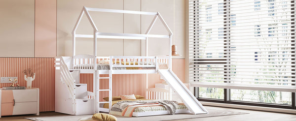 English Elm Twin Over Full Bunk Bed Playhouse Frame with Slide Staircase and Storage Drawers LT100129AAK