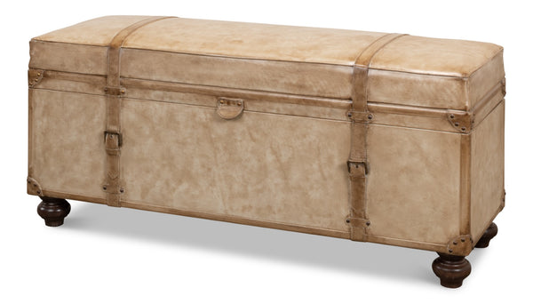 Sarreid Leather Trunk/Bench - Stylish Pearl Leather Storage, Durable Foam And Wood, Elegant Home Décor Piece Beige  40512