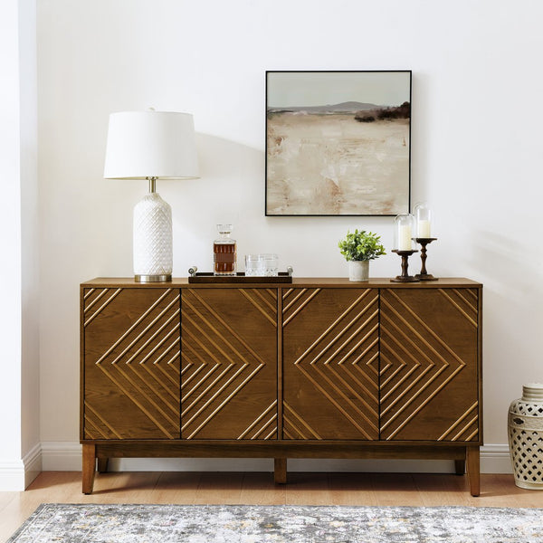 English Elm 60.5'' Buffet Cabinet with Fluted Geometric Doors, Mid-Century Sideboard with Adjustable Shelves & Outlet Holes Walnut Brown W1801P288506