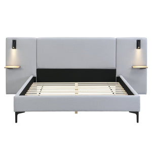 English Elm Christopher Knight Home® - Chic Linen Upholstered Bed With Integrated Lighting & Shelving, Grey Queen, Stylish Bedroom Retreat N769P264794Q