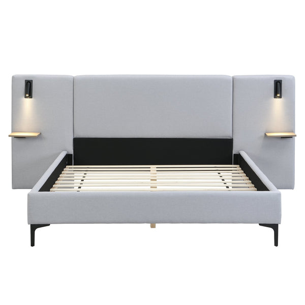 English Elm Christopher Knight Home® - Chic Linen Upholstered Bed With Integrated Lighting & Shelving, Grey Queen, Stylish Bedroom Retreat N769P264794Q