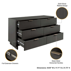 English Elm Granville 55" Dresser In Charcoal Gray - Chic 6-Drawer Storage With Ribbed Fronts & Gold Handles B365S00090