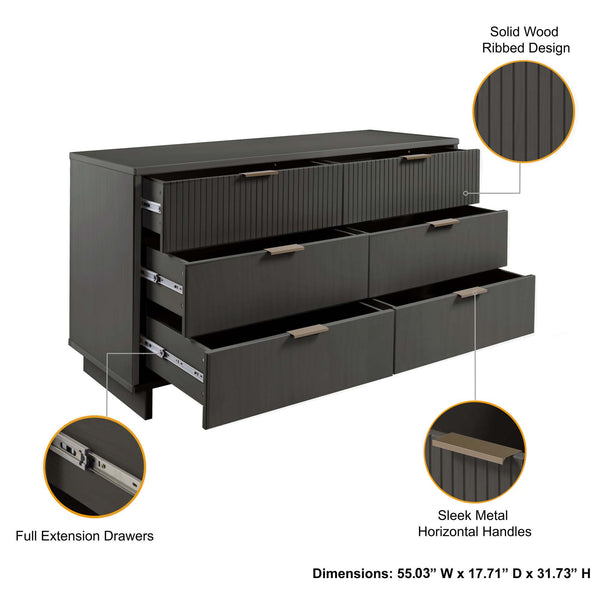 English Elm Granville 55" Dresser In Charcoal Gray - Chic 6-Drawer Storage With Ribbed Fronts & Gold Handles B365S00090