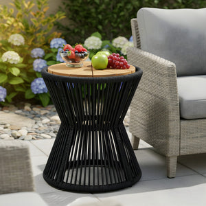 English Elm Outdoor Acacia Wood Top Side Table Woven Rope Iron Frame Hourglass Patio Accent Black,Teak N770P354690B