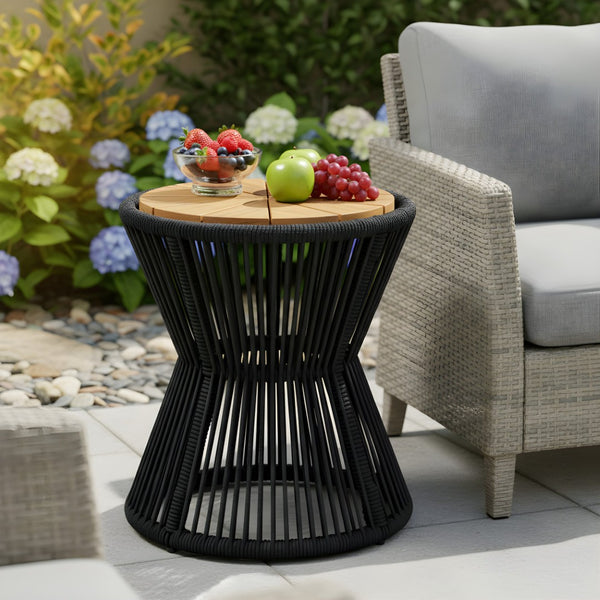 English Elm Outdoor Acacia Wood Top Side Table Woven Rope Iron Frame Hourglass Patio Accent Black,Teak N770P354690B