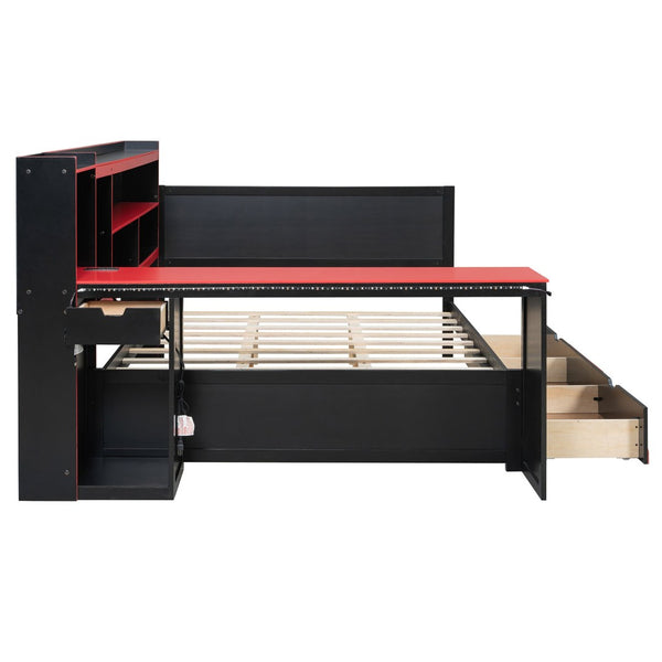 English Elm Queen Gaming Bed Frame with Desk Led Lighting Storage Drawers and Bookcase Headboard Black+Red LP000290AAJ