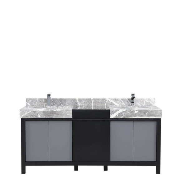 English Elm Black Double Bath Vanity 72" W With Castle Grey Marble Top & Chrome Faucet - Style & Storage Combined! B2731P261116