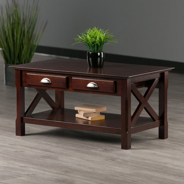 Winsome Wood Xola Coffee Table, Dark Cappuccino Finish With Storage Drawers & Stylish Cross Design Accent Cappuccino Solid ,Composite Wood 40538-winsome-wood