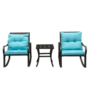 English Elm Metal Outdoor 2-Person Rocking Patio Set with Handwoven Wicker, Plush Cushions & Sturdy Table Blue W1859P399625