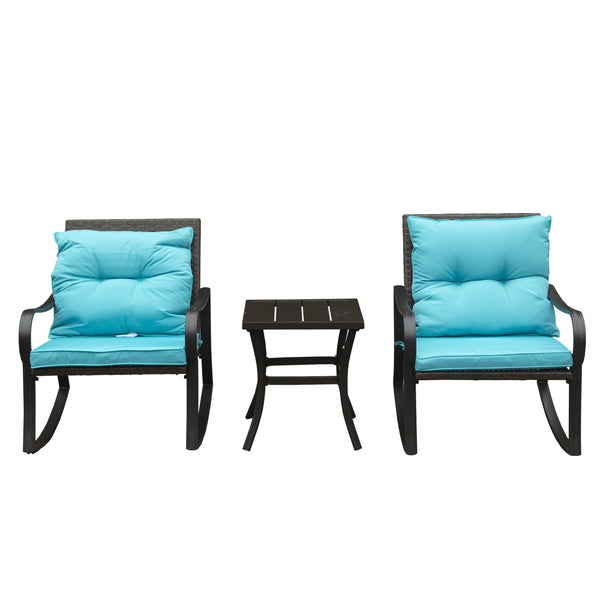 English Elm Metal Outdoor 2-Person Rocking Patio Set with Handwoven Wicker, Plush Cushions & Sturdy Table Blue W1859P399625
