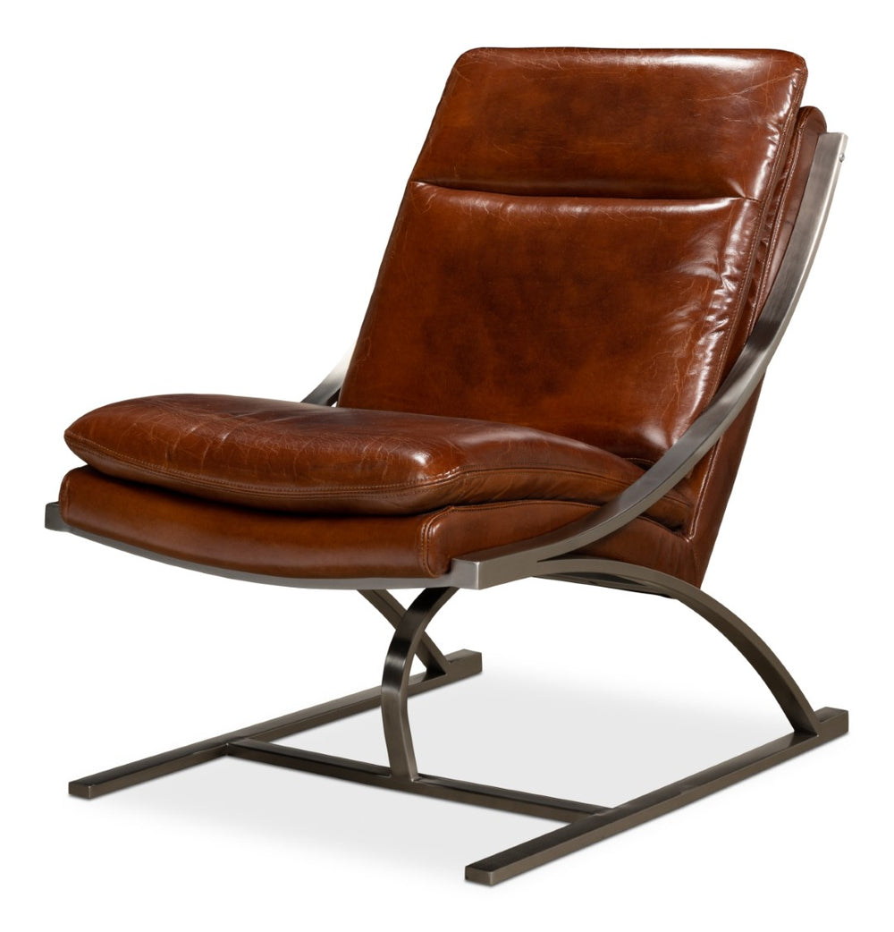 Sarreid Mc Queen Chair - Vintage Havana Leather Elegance With Brushed Stainless Steel For Timeless Style Brown  40541