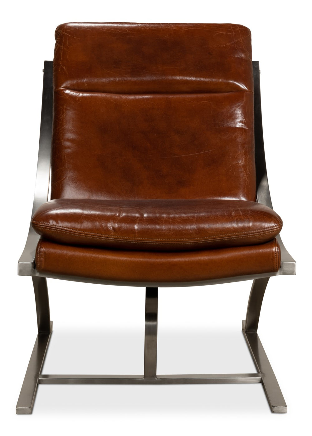 Sarreid Mc Queen Chair - Vintage Havana Leather Elegance With Brushed Stainless Steel For Timeless Style Brown  40541