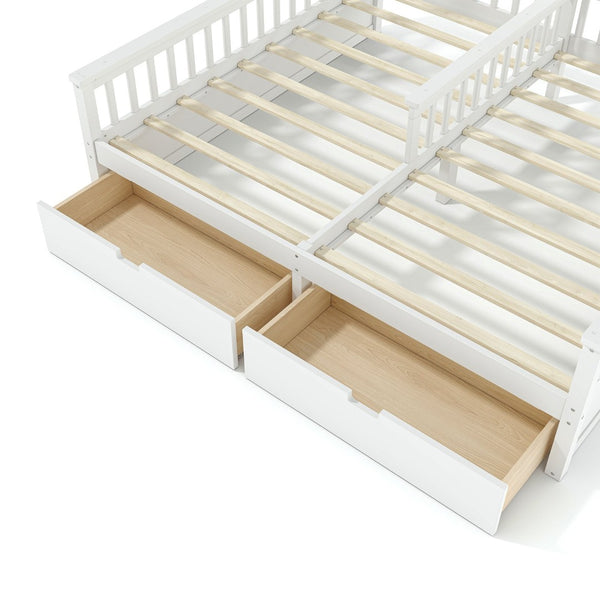 English Elm Double Twin House Bed Pine Wood Frame Kids Playhouse Bunk with Storage Drawers White W5305S00006
