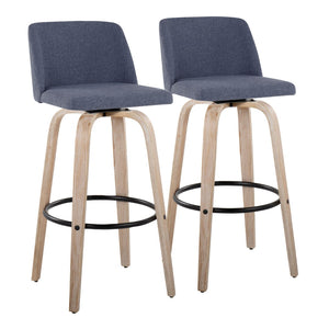 English Elm Toriano Set Of 2 Contemporary Barstools With Blue Fabric, White-Washed Wood & Black Metal Footrest B202S00665-GIGA