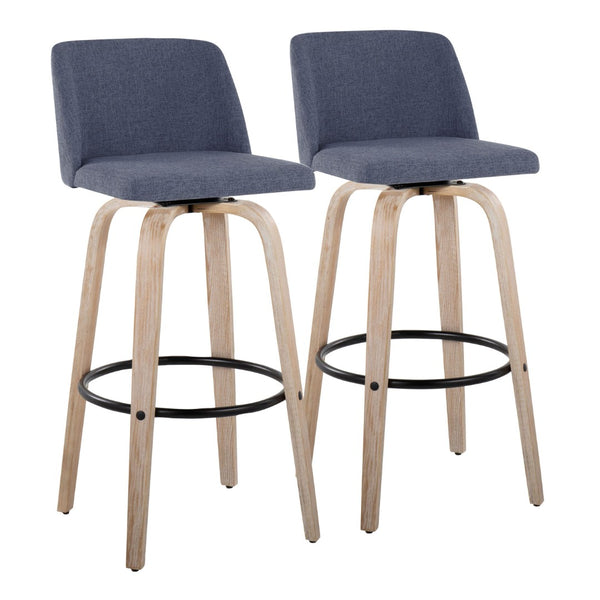 English Elm Toriano Set Of 2 Contemporary Barstools With Blue Fabric, White-Washed Wood & Black Metal Footrest B202S00665-GIGA