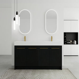 English Elm 60 Inch Freestanding Bathroom Vanity With Resin Double Sink & Soft-Close Doors For Modern Spaces W999S00181