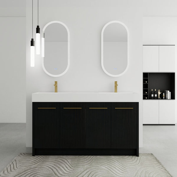 English Elm 60 Inch Freestanding Bathroom Vanity With Resin Double Sink & Soft-Close Doors For Modern Spaces W999S00181