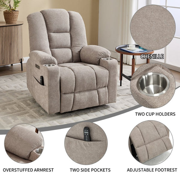 English Elm Emon's Overstuffed Chenille Power Lift Recliner with Massage Heat and Charging Ports Khaki W1803S00089