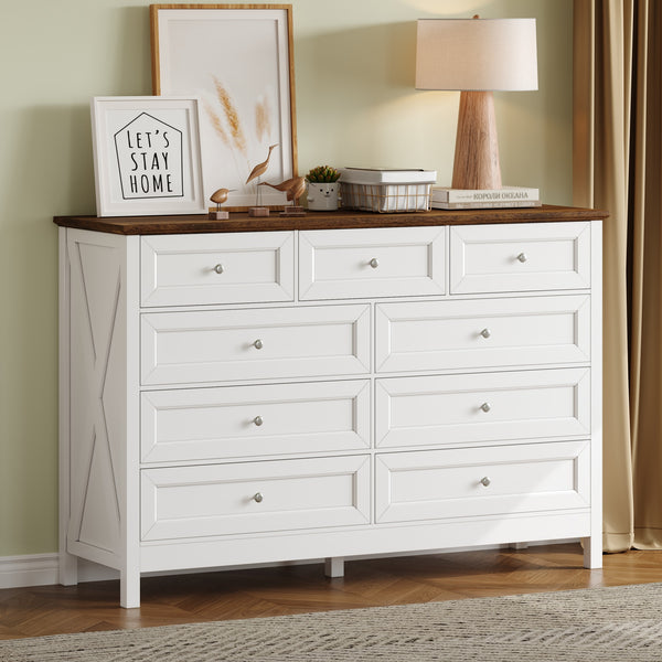 English Elm Wood Rustic Storage Dresser with 9 Drawers, Silver Handles and X Side Accents for Stylish Storage White N709P288888K