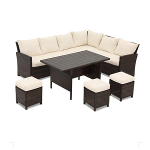 English Elm 7 Piece Outdoor Wicker Dining Set Modular Sectional Sofa Ottomans and Patio Table Ivory B082S00075