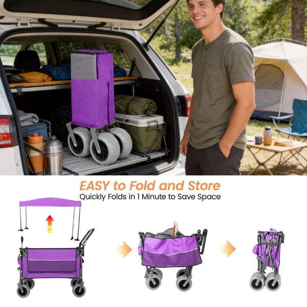 English Elm Multi-functional Folding Wagon with Canopy All Terrain Tires 480lb Steel Frame Outdoor Purple W2932P417650