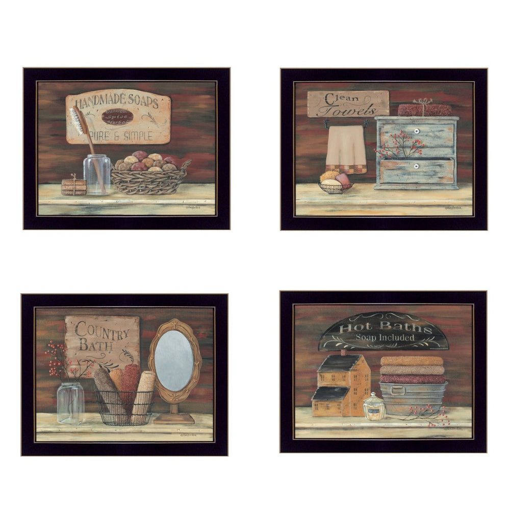HomeRoots Set of Four Bathroom Art Prints | Contemporary Black Framed Wall Decor for Stylish Spaces 405621